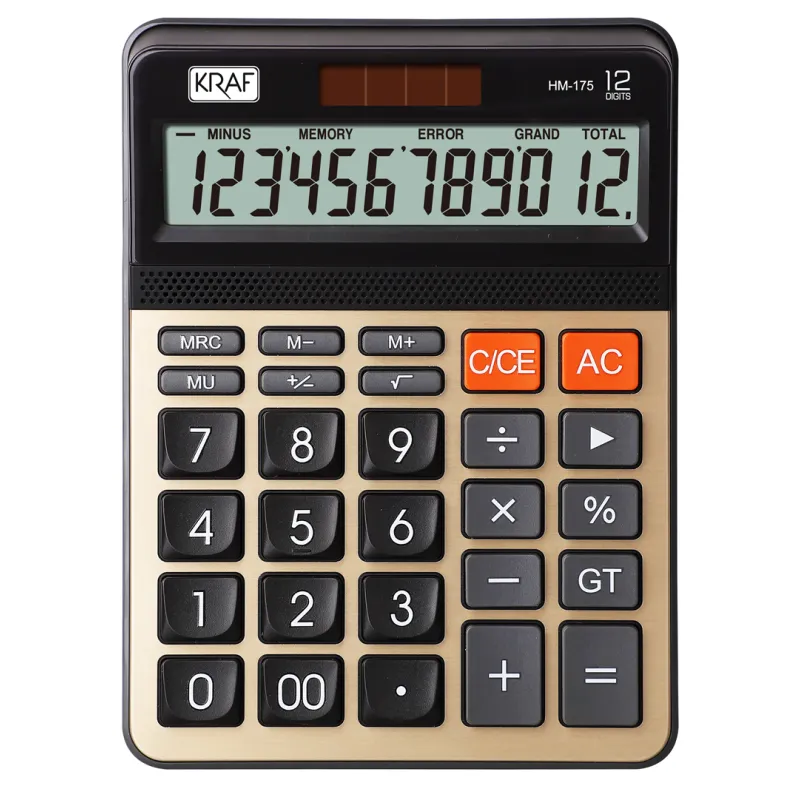 KRAF MASA ÜSTÜ HESAP MAKİNASI 12 HANE PİL+GÜNEŞ ALİMUNYUM PANEL YUMUŞAK TUŞ HM-175