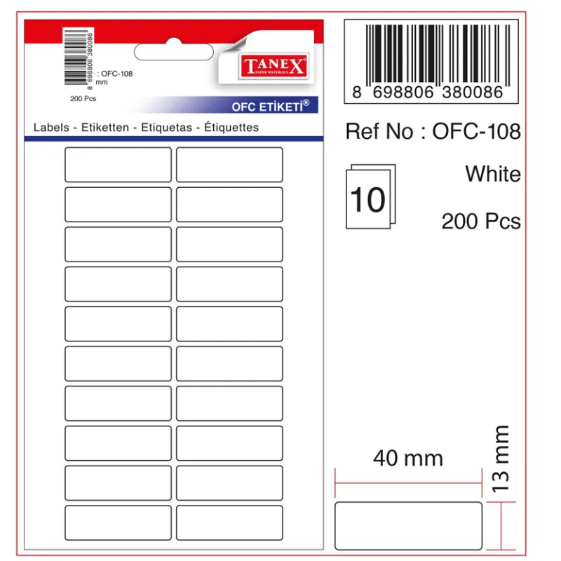 TANEX OFİS ETİKETİ OFC-108 BEYAZ 13X40 mm