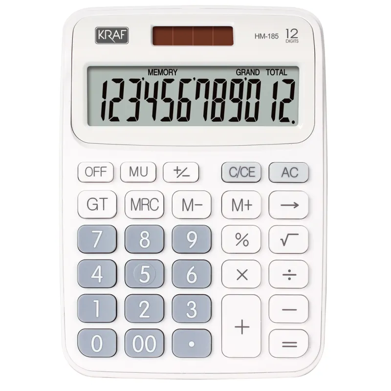 KRAF MASAÜSTÜ HESAP MAKİNASI 12 HANE -BEYAZ PİL+GÜNEŞ-GENİŞ EKRAN - HM-185