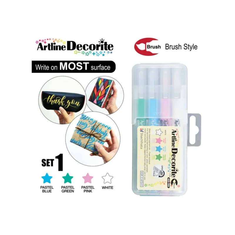 Artline Decorite Marker Kalem Fırça Uçlu 4lü Set 4PSH1 ( Beyaz, pastel pembe, pastel mavi, pastel yeşil )