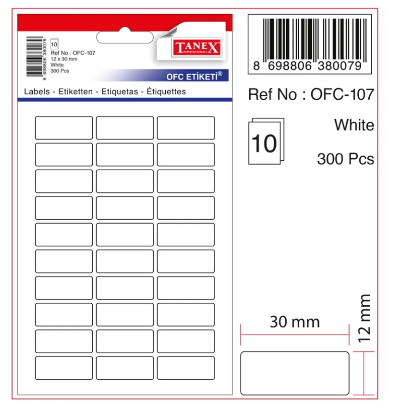 TANEX OFİS ETİKETİ OFC-107 BEYAZ 12x30 mm