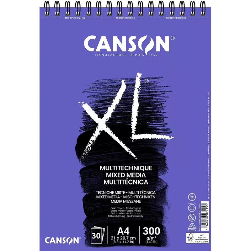Canson XL Multitechnique Mix Media A4 300 Gr.Üstten Spiralli 30 yp. Eskiz Defteri 