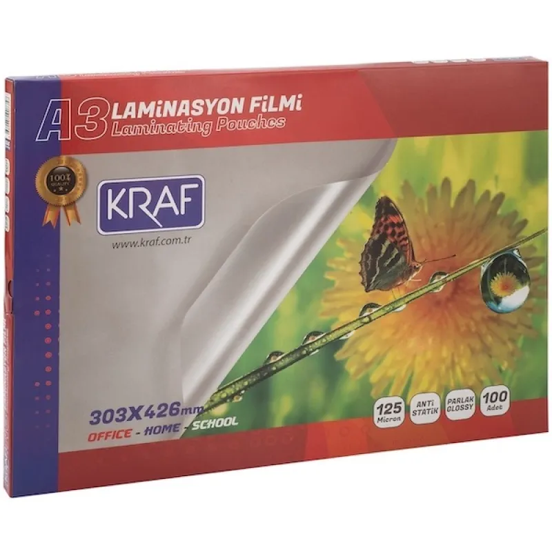 KRAF LAMİNASYON FİLMİ PARLAK A3 125MIC 100LÜ 2123