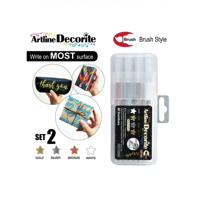 Artline Decorite Metalic Marker Kalem Fırça Uçlu 4lü Set 4PSH2 (Beyaz, altın, gümüş, bronz)