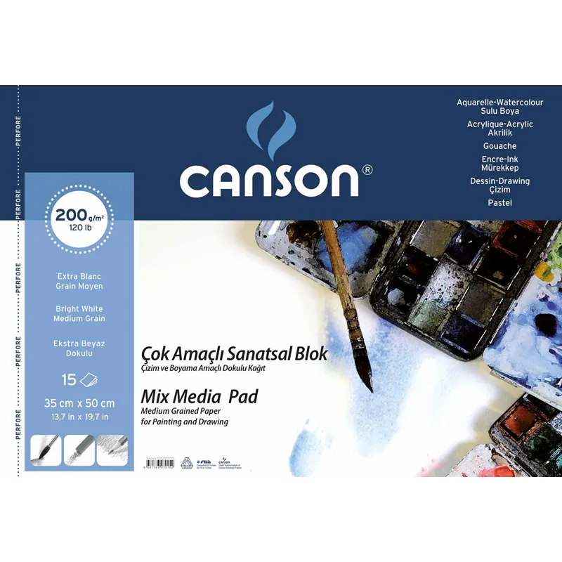 CANSON RESİM ve ÇİZİM BLOĞU 1557 MIX MEDIA FINFACE SPİRALLİ 35x50 200 GR 15 SF FCNS200153550