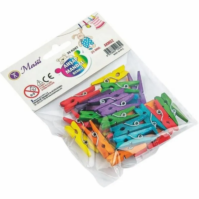MASİS AHŞAP MANDAL,RENKLİ,25mm,30 ADET 