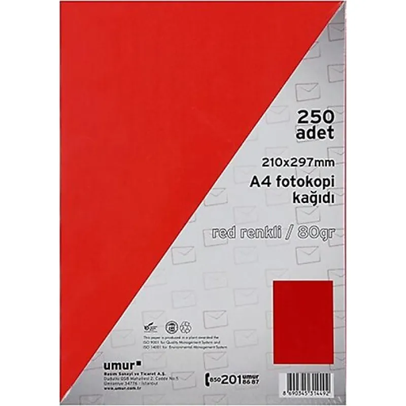 UMUR FOTOKOPİ KAĞIDI A4 80GR RENKLİ 250 Lİ RED 250