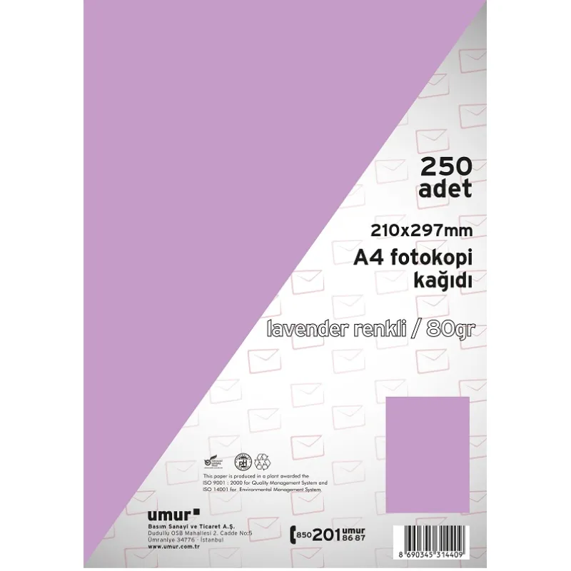 UMUR FOTOKOPİ KAĞIDI A4 80GR RENKLİ 250 Lİ LAVENDER 185